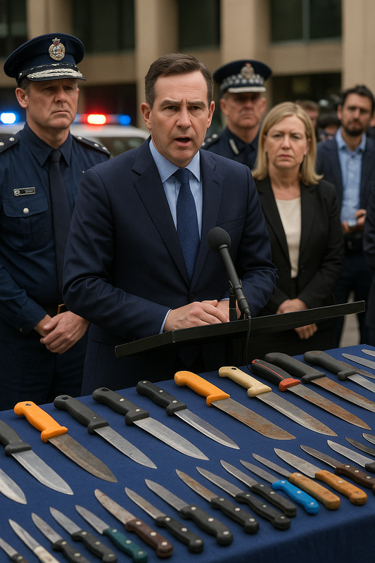 At a press conference, Australian officials stand proudly behind a table of confiscated knives, machetes, and gardening tools, while global reporters exchange side-eyes and try to stifle laughter at the “solution” to gang violence.