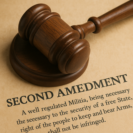 A wooden judge's gavel rests on an aged parchment featuring the bold, black text of the Second Amendment, emphasizing the phrase “the right of the people to keep and bear Arms, shall not be infringed.”