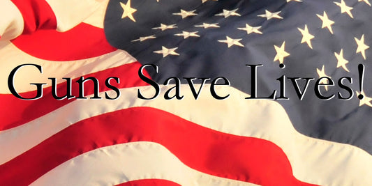 An American flag waves in the background with bold black text overlay that reads "Guns Save Lives!"—symbolizing patriotic support for the Second Amendment and armed self-defense.