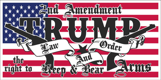 A bumper sticker featuring the text "2nd Amendment Trump Law and Order" set against an American flag background, symbolizing the administration's stance on gun rights.