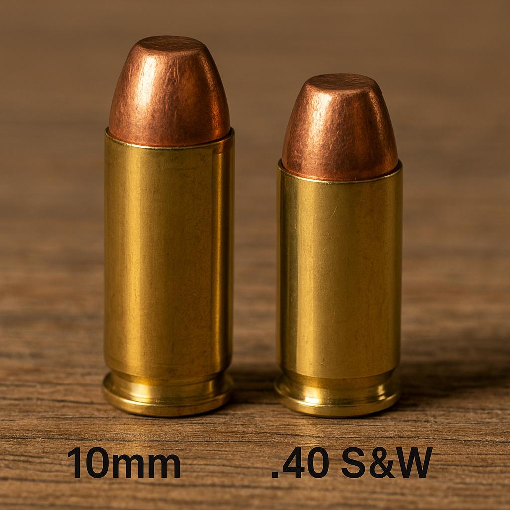 A side-by-side comparison of 10mm Auto and .40 S&W cartridges on a wooden table, highlighting the size and power difference between the two rounds.
