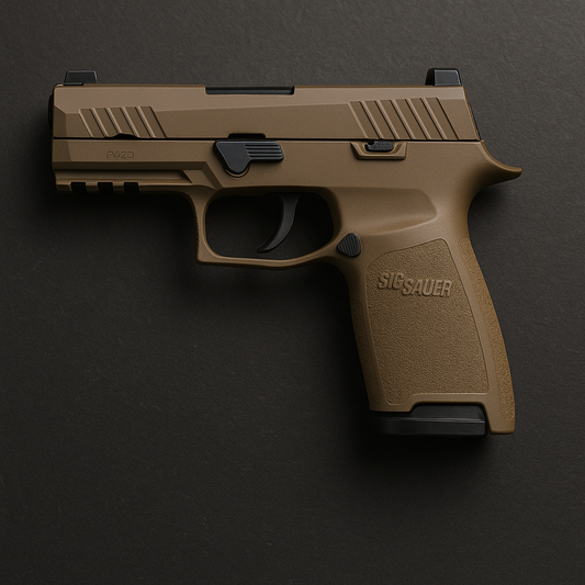 Close-up image of a SIG Sauer P320 semi-automatic pistol with a flat dark earth (FDE) finish, displayed on a dark, textured surface.