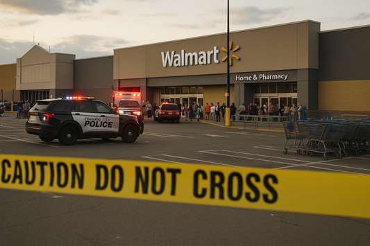 A chaotic Walmart checkout scene in Traverse City hours after a man randomly stabbed 11 people, with police tape and emergency vehicles visible.