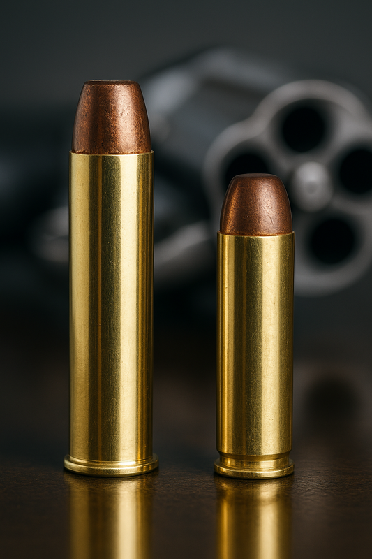 “Side-by-side photo of a taller, gleaming .357 Magnum cartridge and a shorter .38 Special round standing on a reflective surface, revolver cylinder blurred in the background.”            Sources