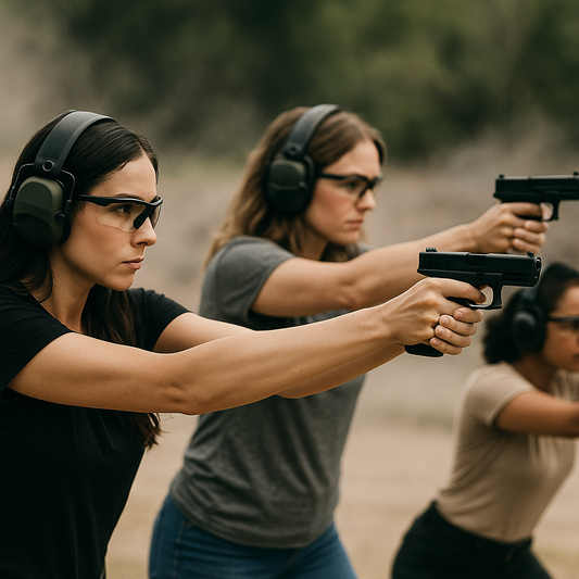 Three women wearing protective eyewear and earmuffs are shown in a side-by-side stance at an outdoor shooting range, each aiming a handgun downrange with focused expressions and proper grip technique.