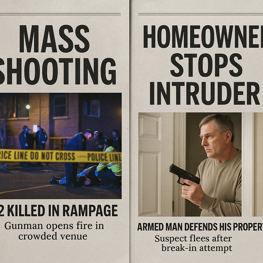 A collage of contrasting headlines: one depicting a dramatic mass shooting scene, another showing a quiet, armed homeowner defending their property, highlighting the media's selective coverage of gun-related incidents.