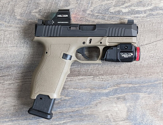 Palmetto State Armory Dagger 9mm pistol featuring RMR-cut slide, flat dark earth frame, and threaded barrel.